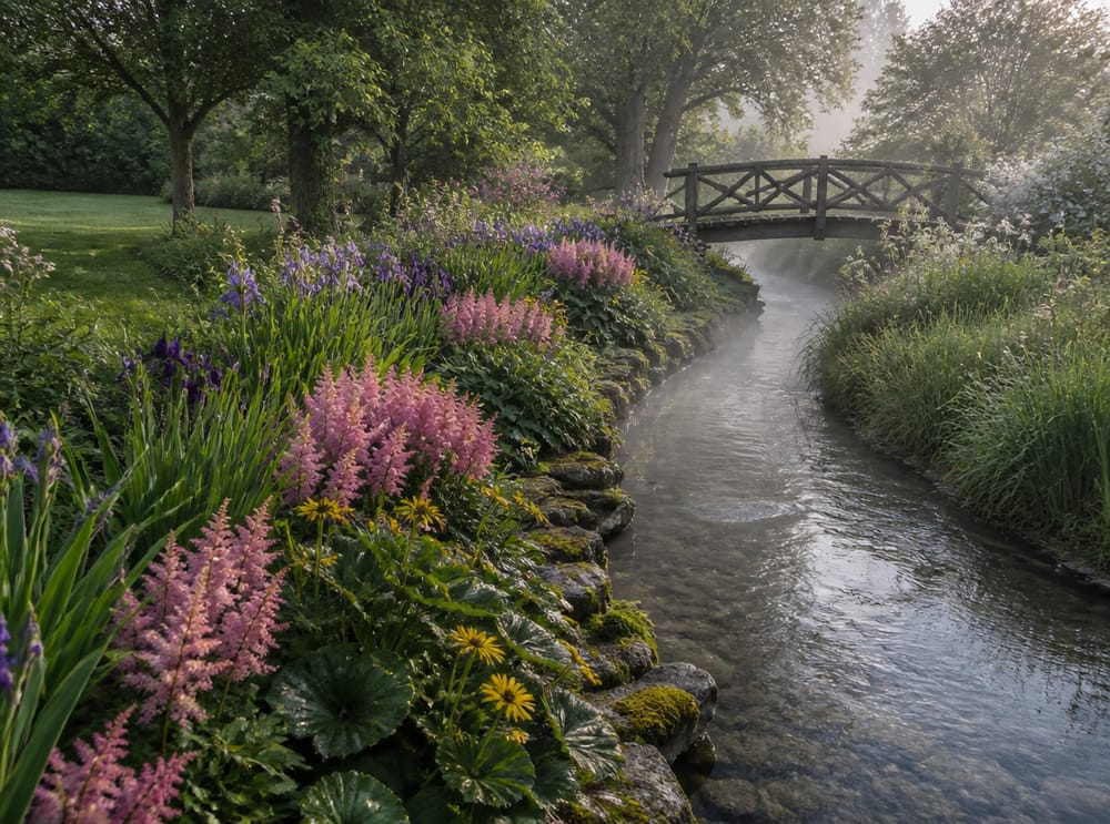 Bordo curvo che segue il ruscello nel giardino