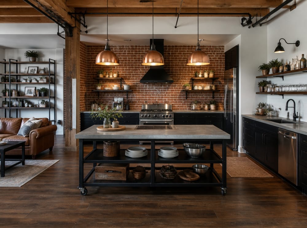 Cocina tipo loft con ladrillo expuesto e isla con estructura de acero