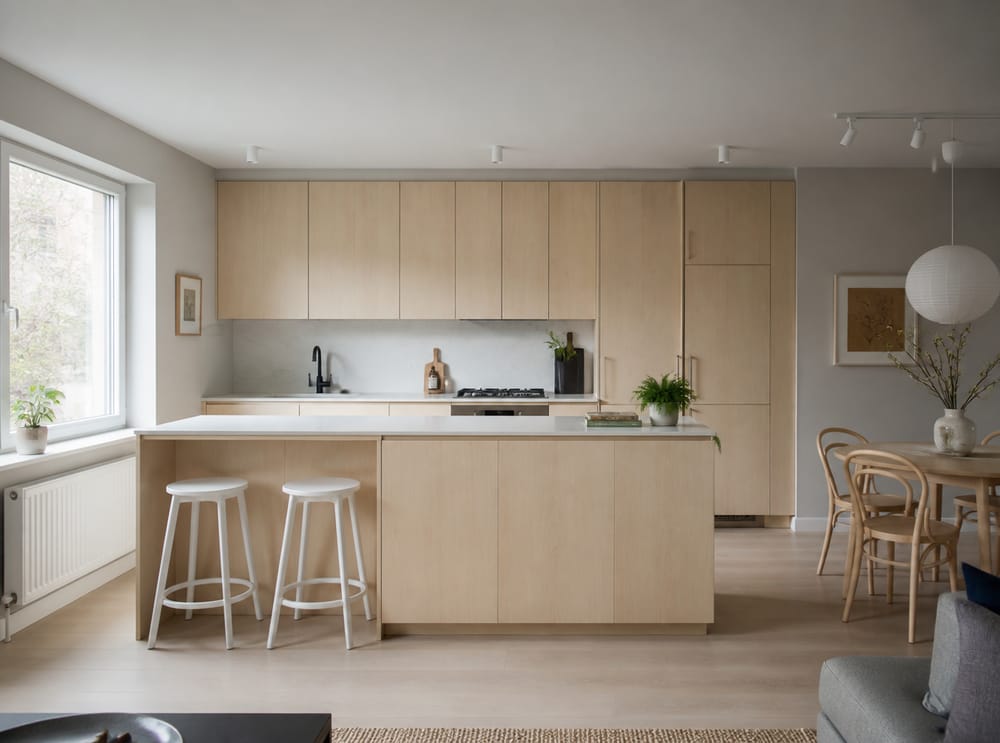 Cocina escandinava de abedul con isla delgada centrada