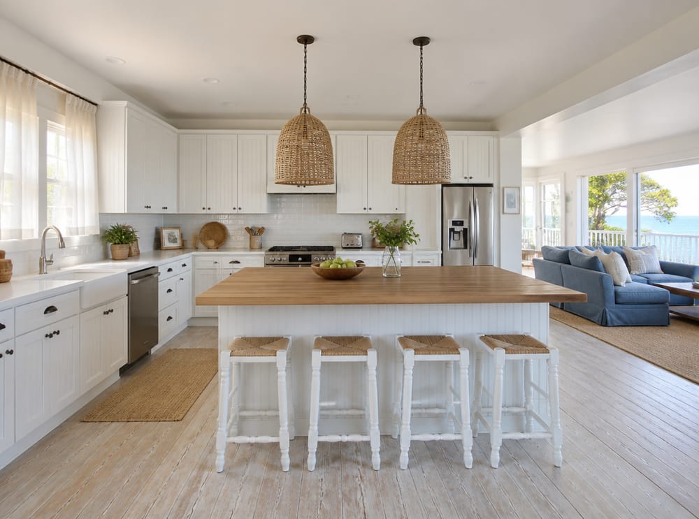 Cocina costera con paneles y isla de madera para cortar