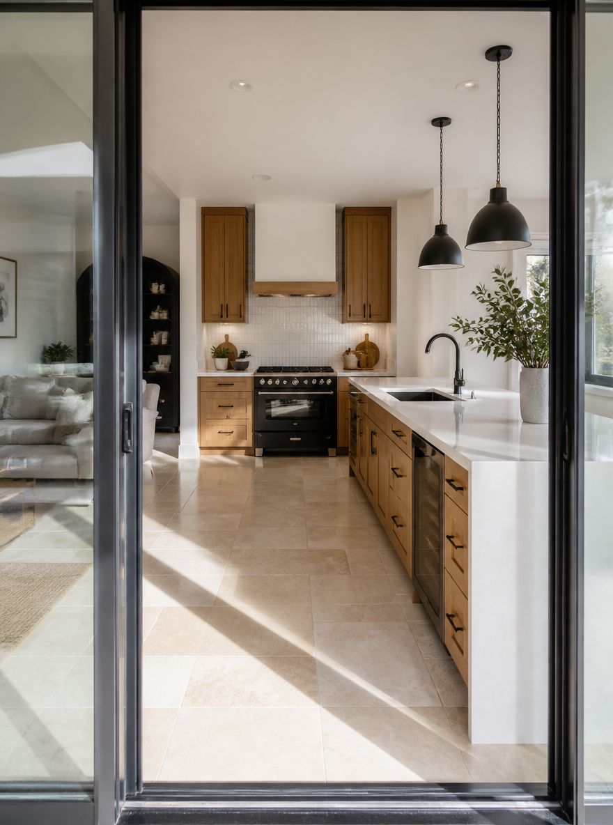 Puerta corrediza que enmarca la península de cocina al fondo