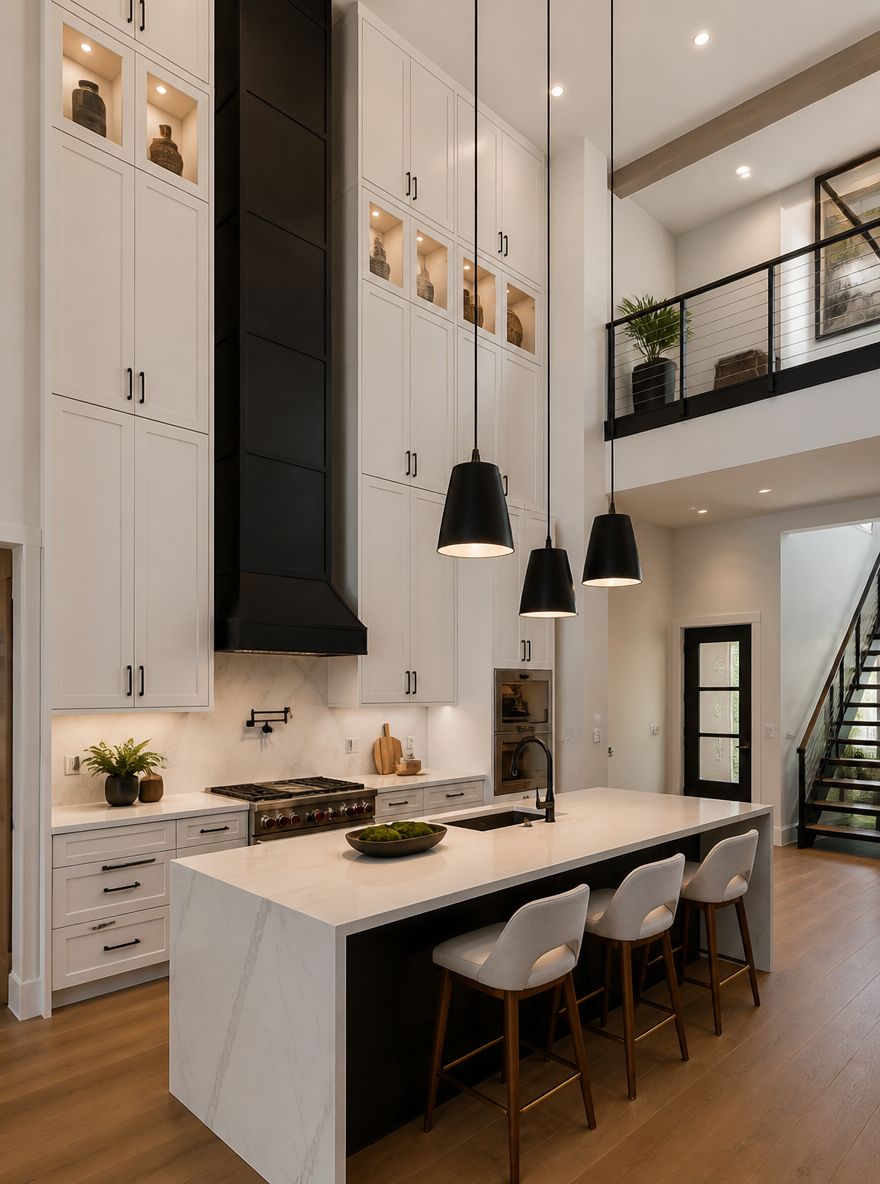 Cocina doble altura con vista hacia mezzanine