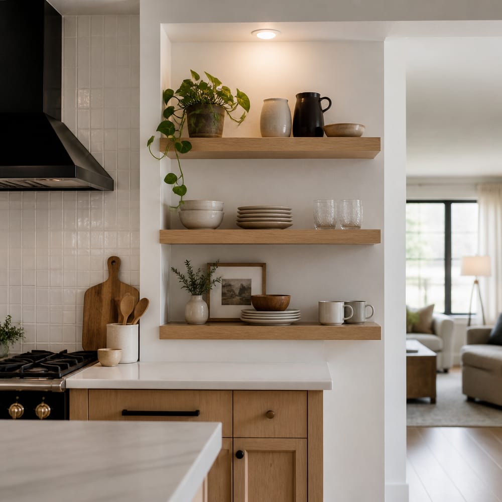 Estantes de roble abiertos entre zona de cocina y área social