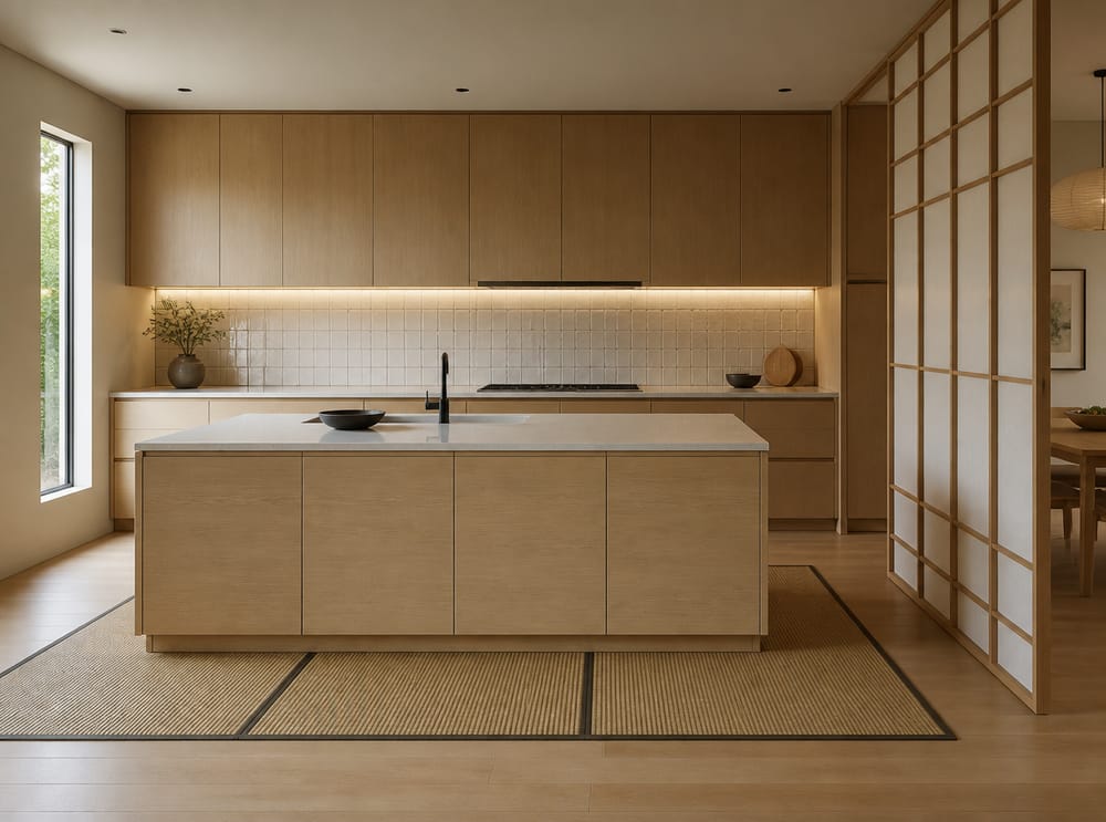 Cocina de roble estilo japonés con panel divisor shoji