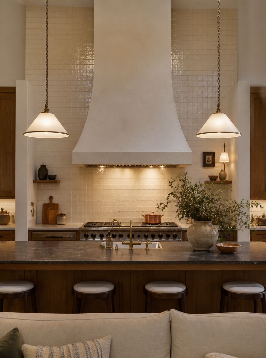 Campana de yeso sobre pared de cocina focal con azulejos