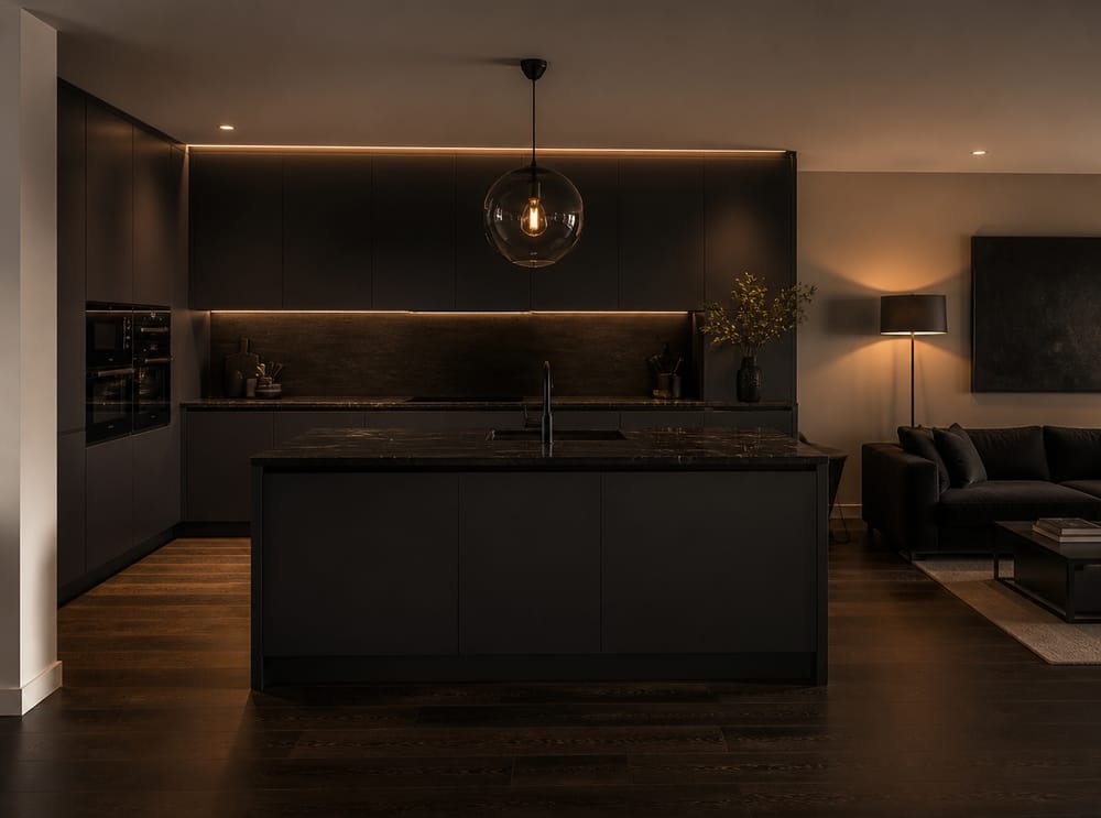 Cocina en carbón oscuro junto a sala de estar con ambiente
