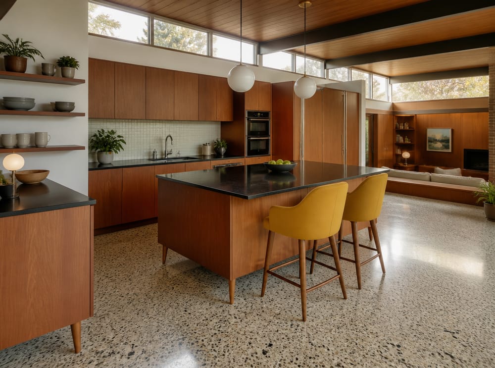 Cocina de teca estilo mid-century sobre sala hundida