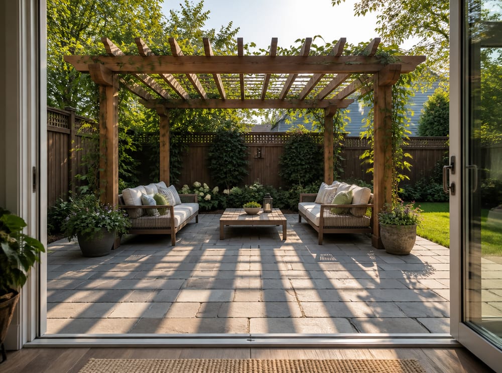 Pérgola de cedro anclada a la cerca trasera