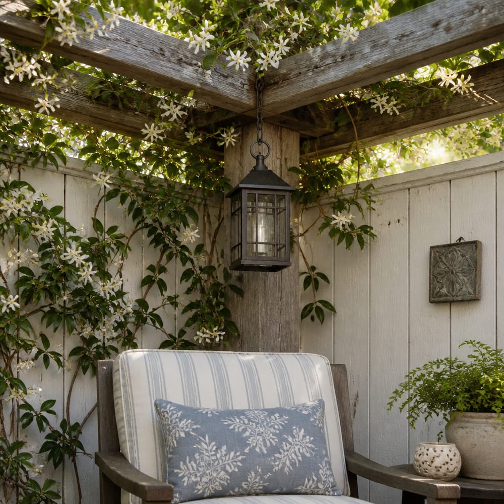 Rincón de pérgola cubierta de jazmín con farol