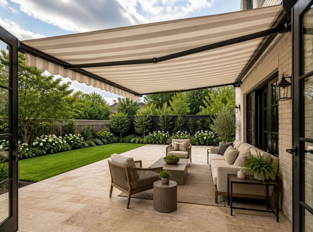 Toldo retráctil de lino sobre patio de travertino