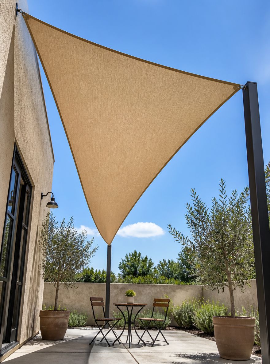 Toldo tipo vela triangular sobre mesa bistró