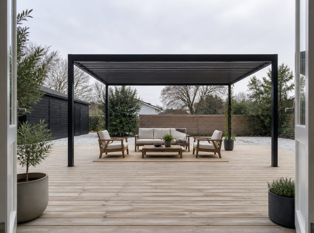 Pérgola negra de acero sobre terraza escandinava de teca