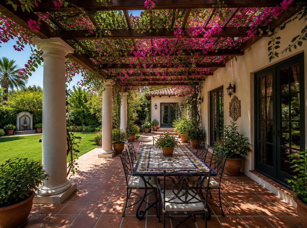Pérgola de bugambilia sobre comedor de mosaicos