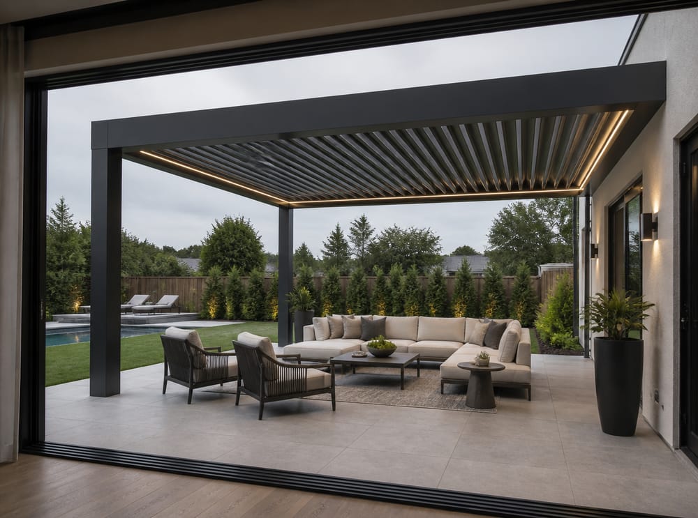 Pérgola motorizada de lamas sobre terraza de porcelanato