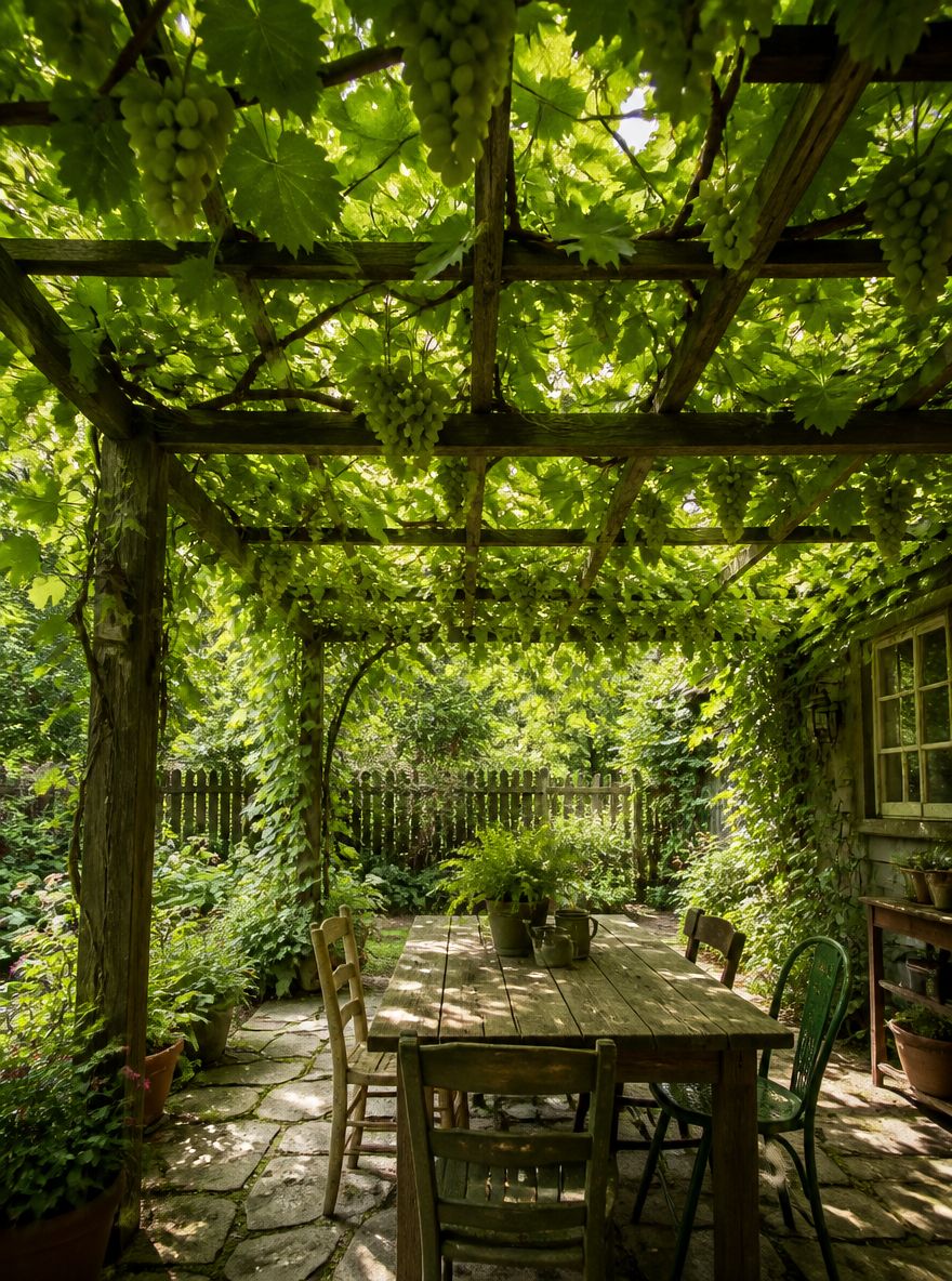 Pérgola de parra sobre mesa de comedor de piedra