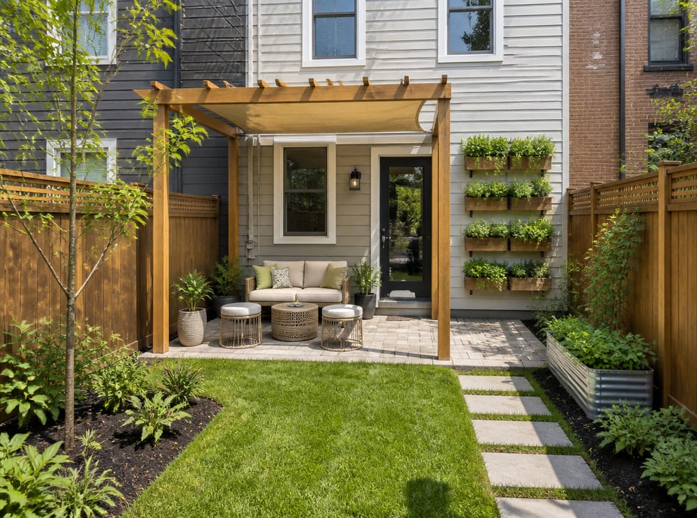 Pérgola compacta con vela sobre loveseat