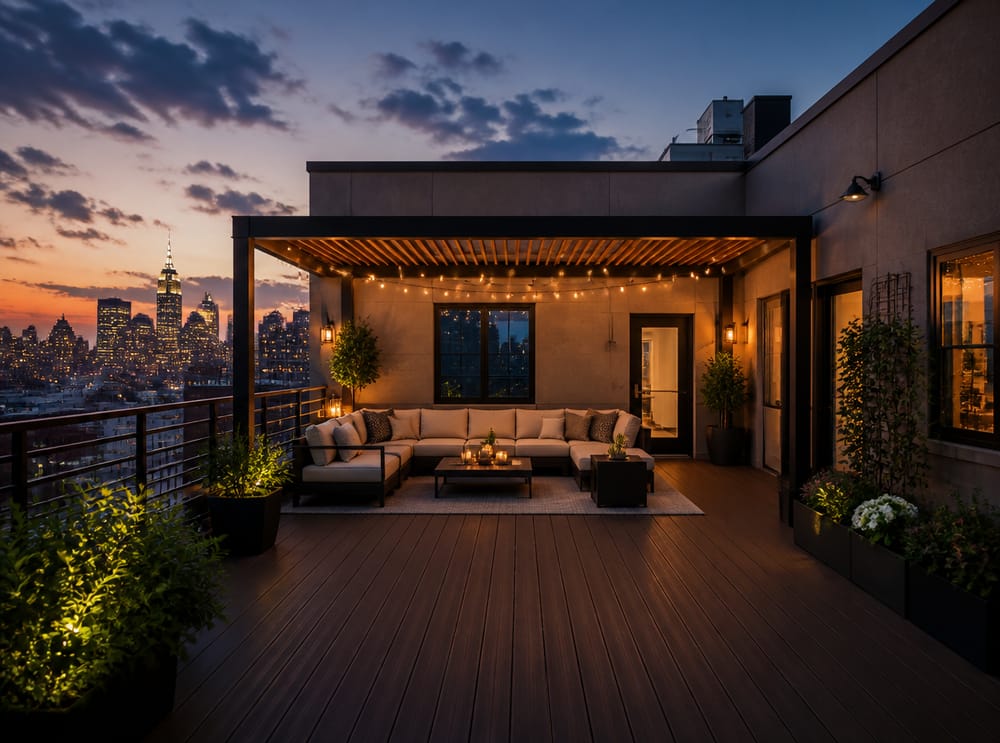 Pérgola de listones en terraza de azotea al atardecer