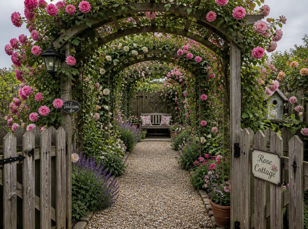 Pérgola de rosas en pasillo hacia un banco de jardín