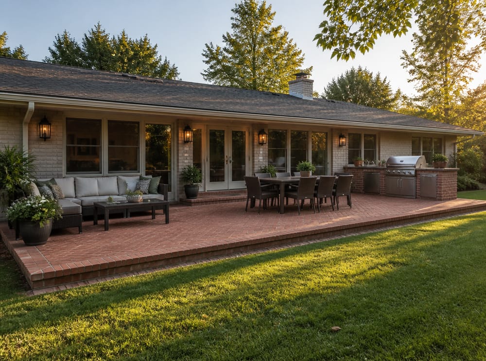 Patio a tutta lunghezza con tre zone distinte