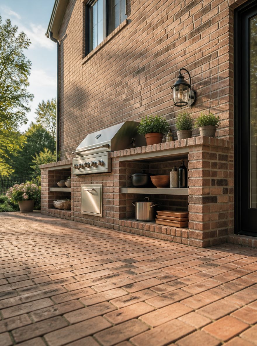 Cucina esterna in mattoni coordinata al pavimento del patio