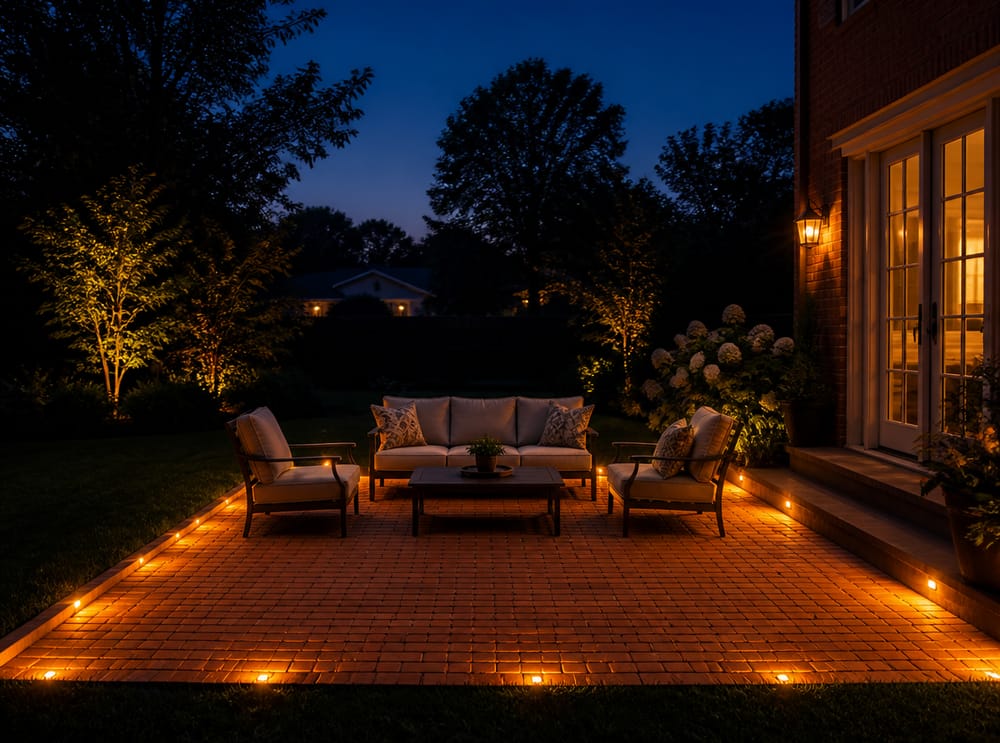 Luci incassate che illuminano il bordo del patio al tramonto