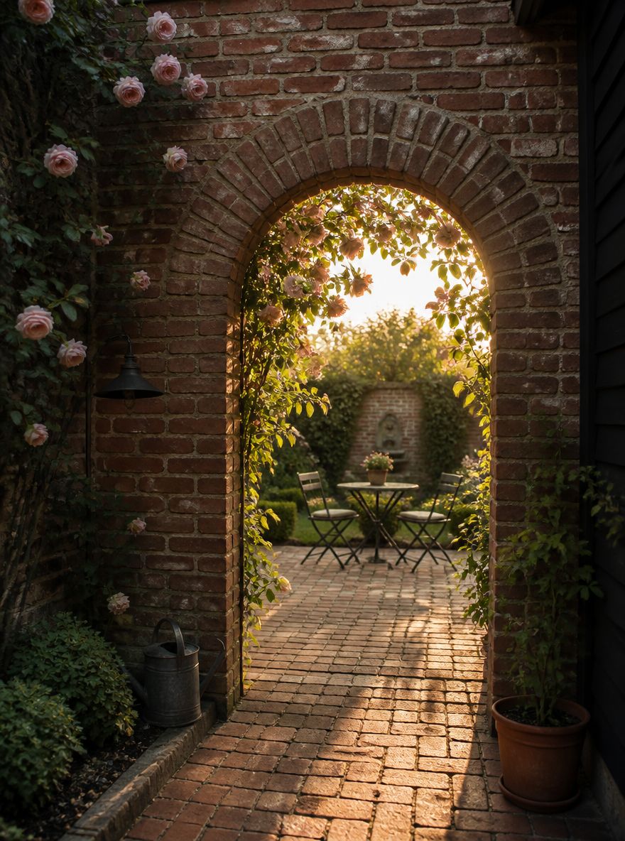 Arco in mattoni che incornicia il patio nel giardino