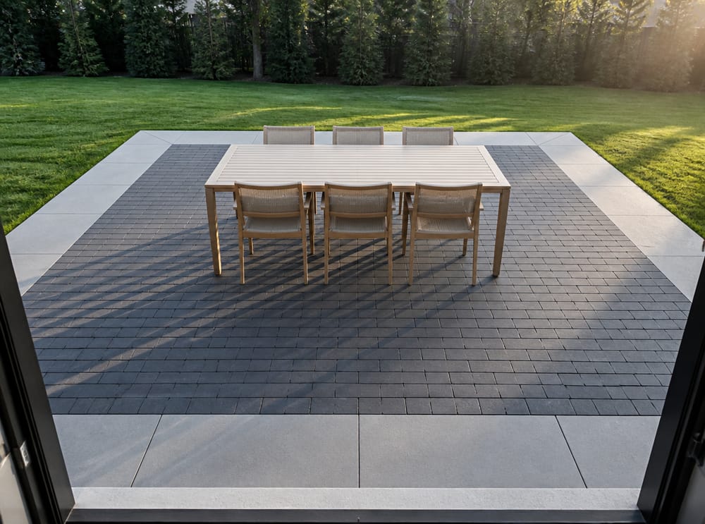 Patio in mattoni color carbone con bordo in cemento