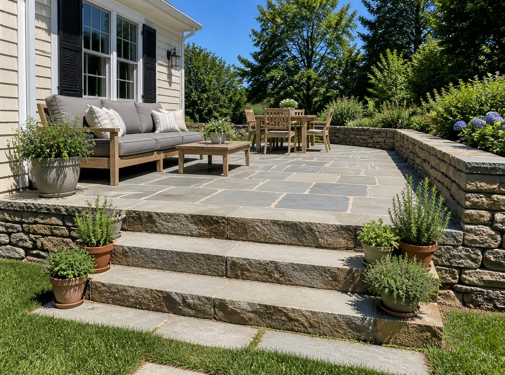 Patio elevado de piedra azul con muro de contención en seco