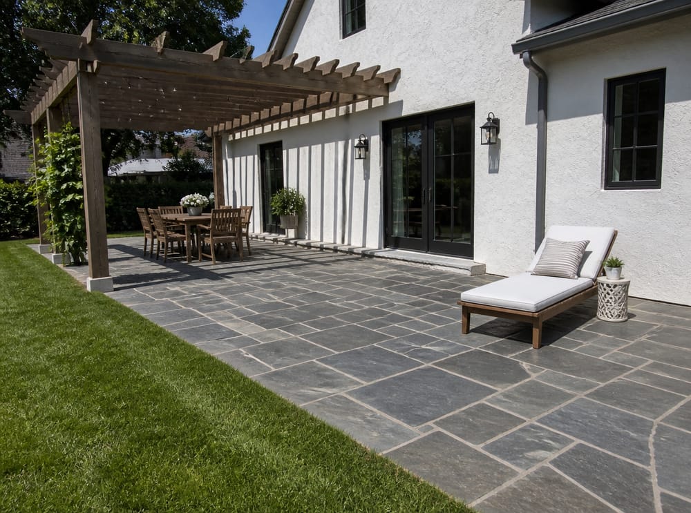 Patio largo de pizarra con pérgola en un lado