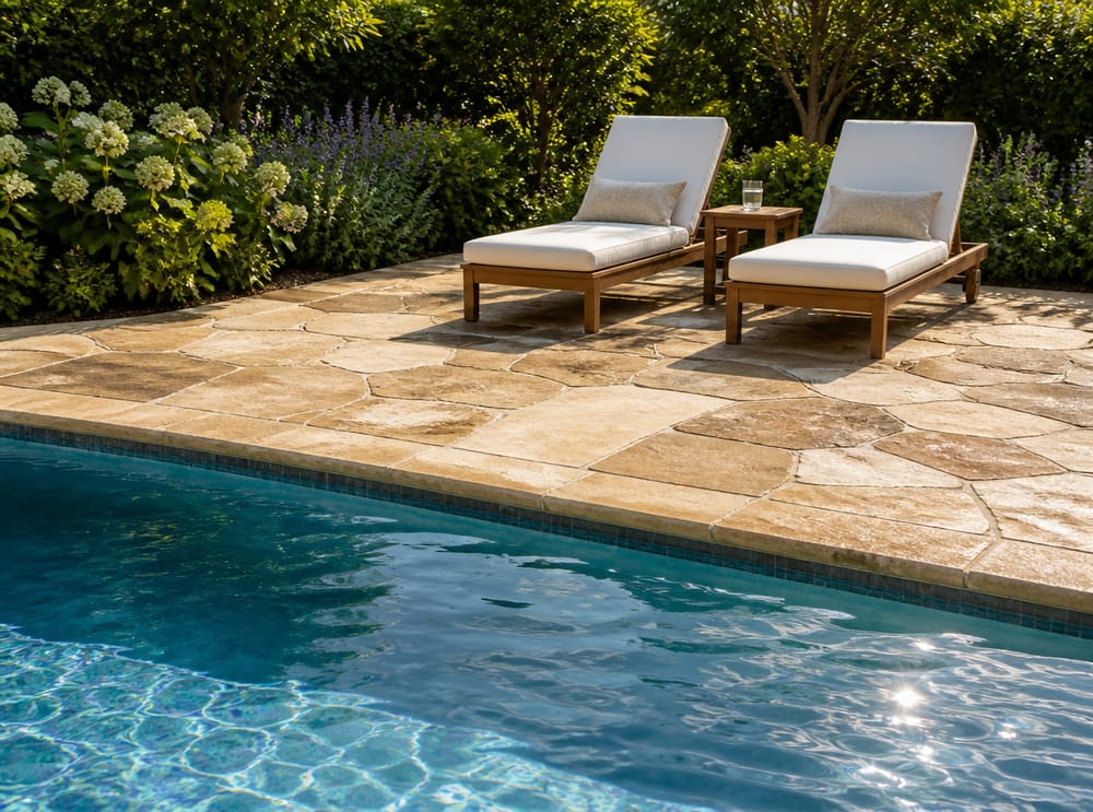 Contorno de laja de travertino junto a piscina rectangular