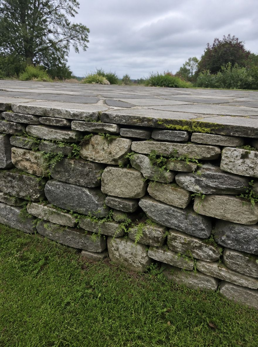Muro de caliza en seco que sostiene patio elevado