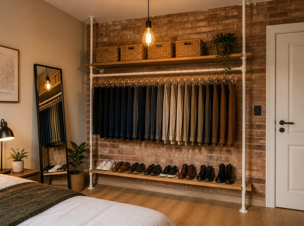 Open kledingroede voor een bakstenen muur