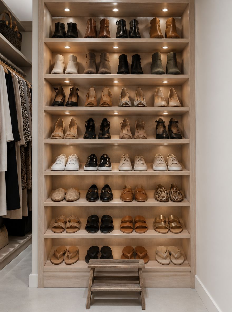 Schuine schoenenplanken over een hele kastwand
