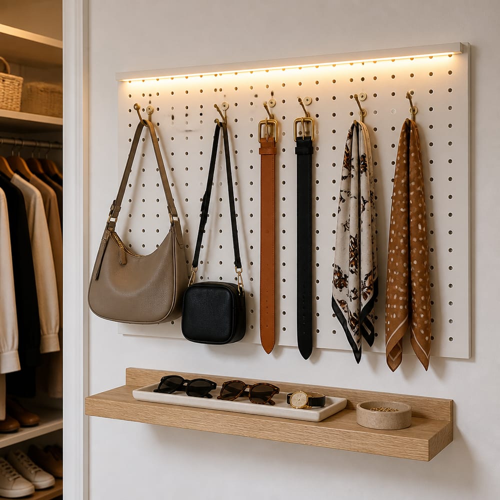 Pegboard wand voor accessoires met haken en bakje