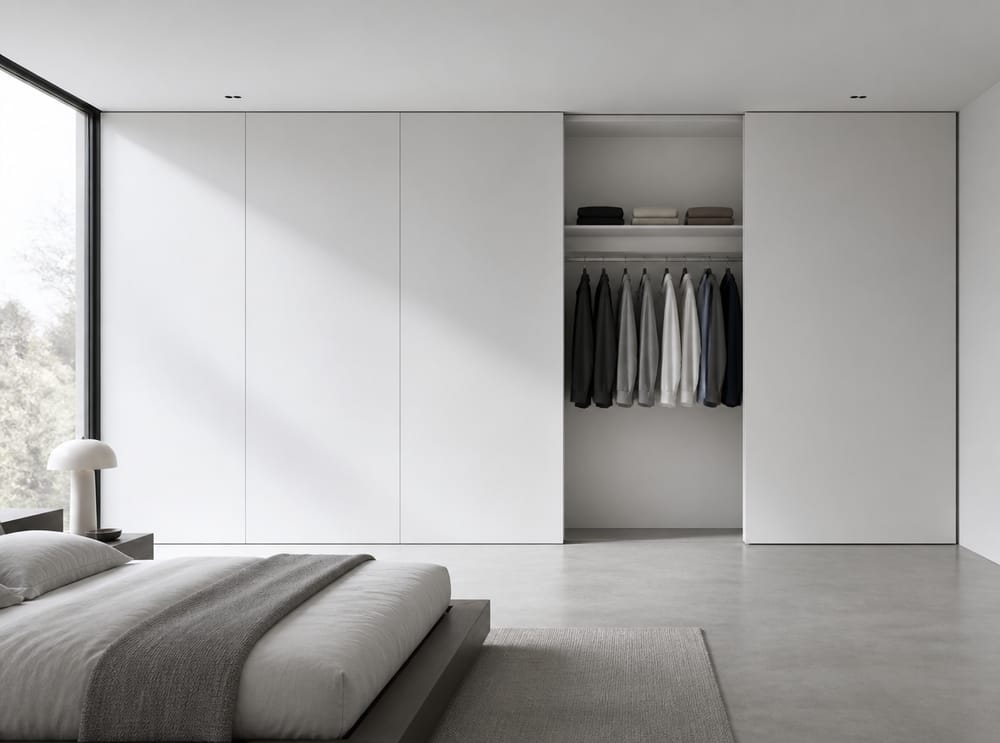 Naadloos verborgen kast in een minimalistische witte slaapkamer