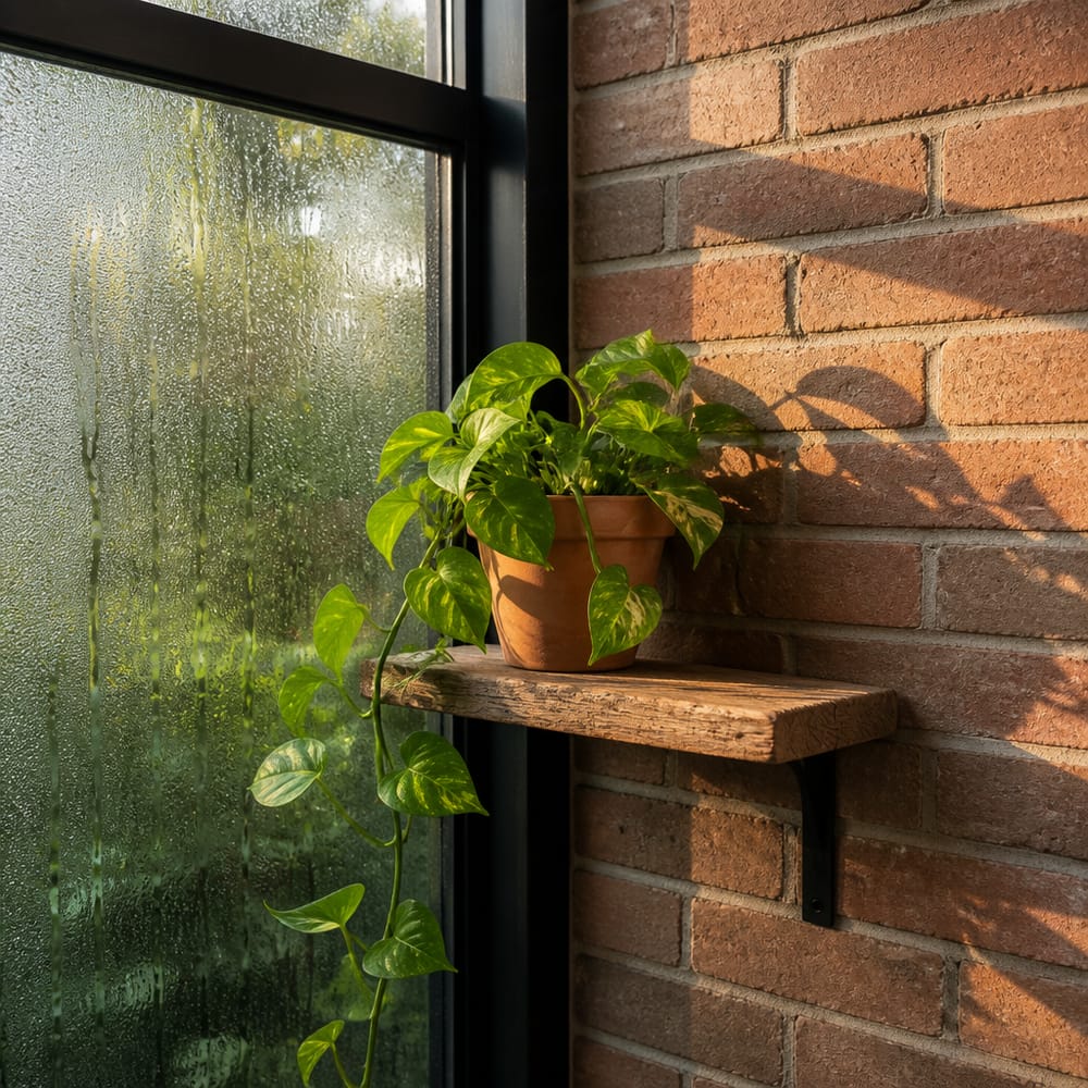 Pothos ricadente nell’angolo di giunzione tra vetro e mattone