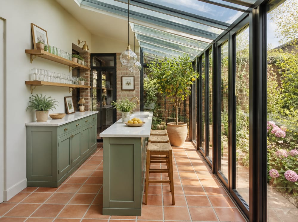 Isola verde salvia in una cucina veranda vetrata