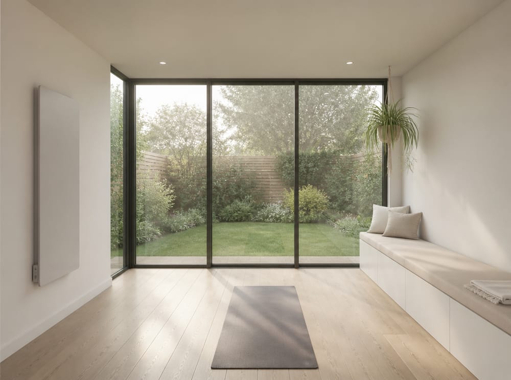 Tappetino yoga al centro di una garden room intonacata
