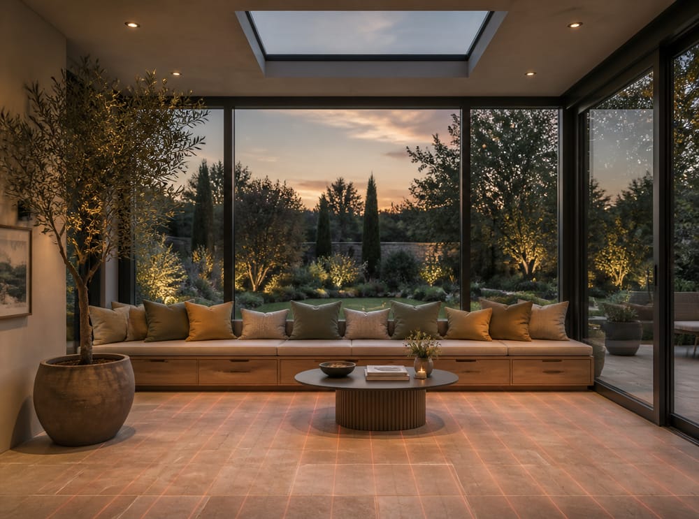 Panca integrata che corre lungo tutta la parete vetrata del giardino