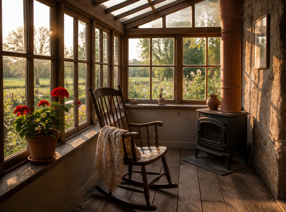 Sedia a dondolo accanto a stufa a legna in veranda stile cottage