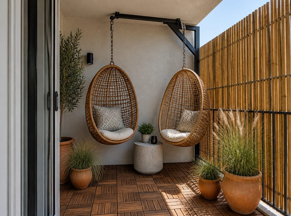 Sedie sospese in rattan accanto a una barriera in bambù