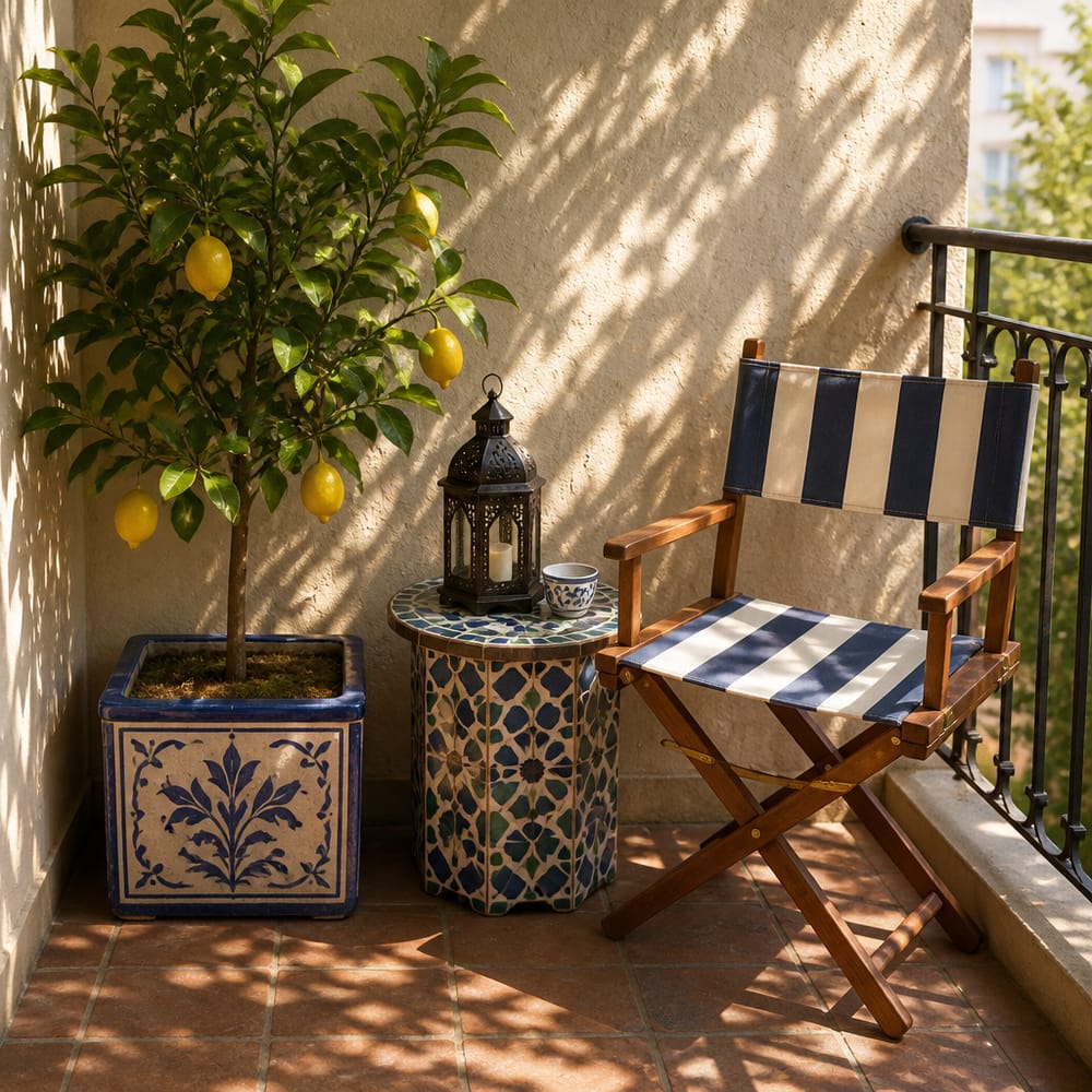 Albero di limone in vaso ceramico con tavolino a mosaico