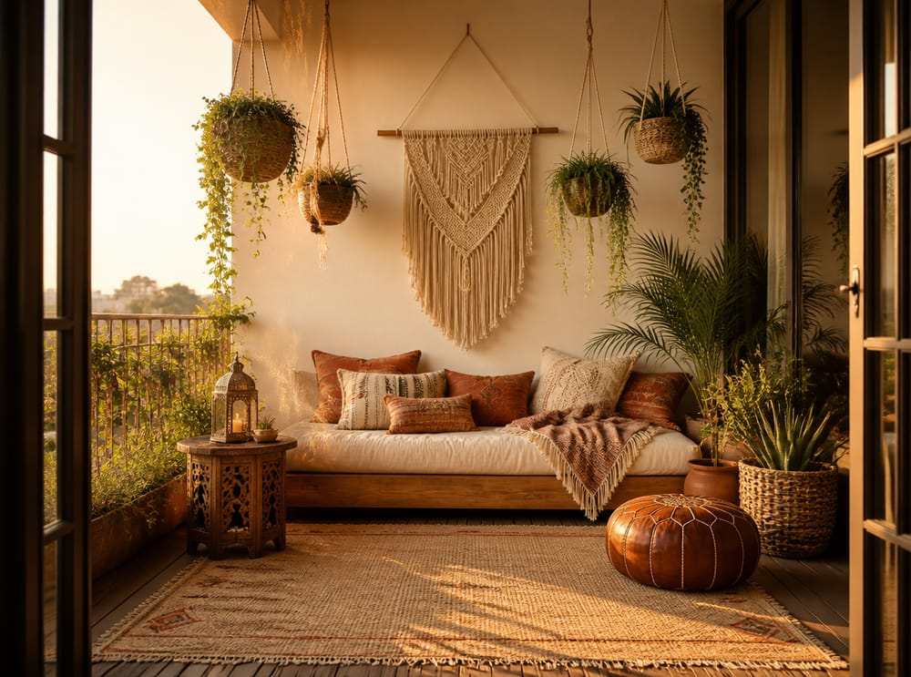 Letto da giorno boho con macramé e vasi sospesi