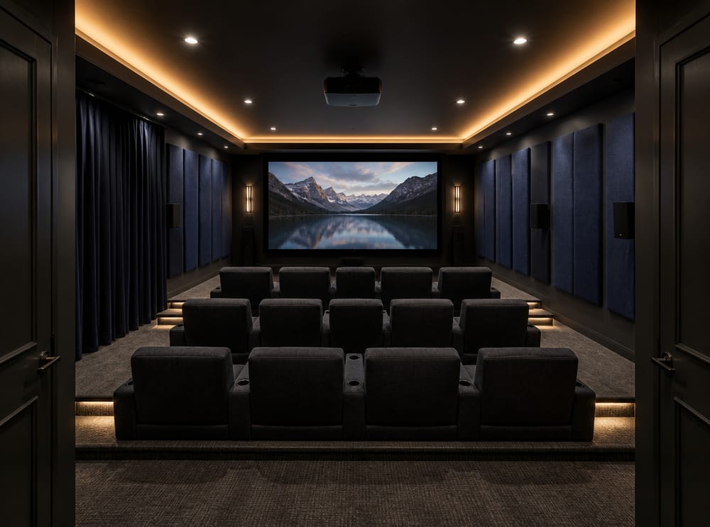 Tiered stadium seating facing a projection screen