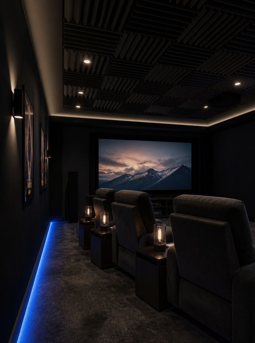 Geometric acoustic ceiling tiles above power recliners
