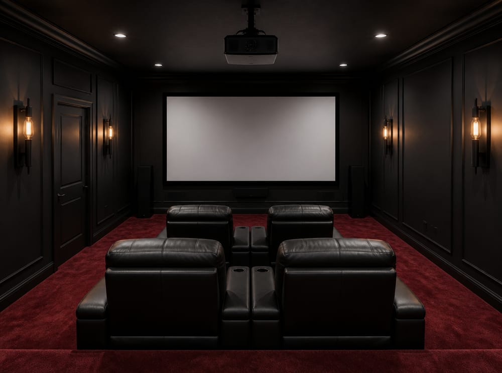 All-black theater with fixed-frame screen and sconces