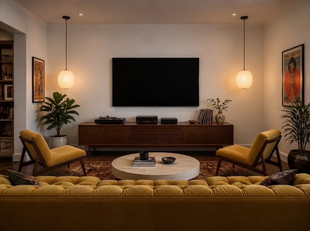 Mid-century credenza and mustard sofa media setup