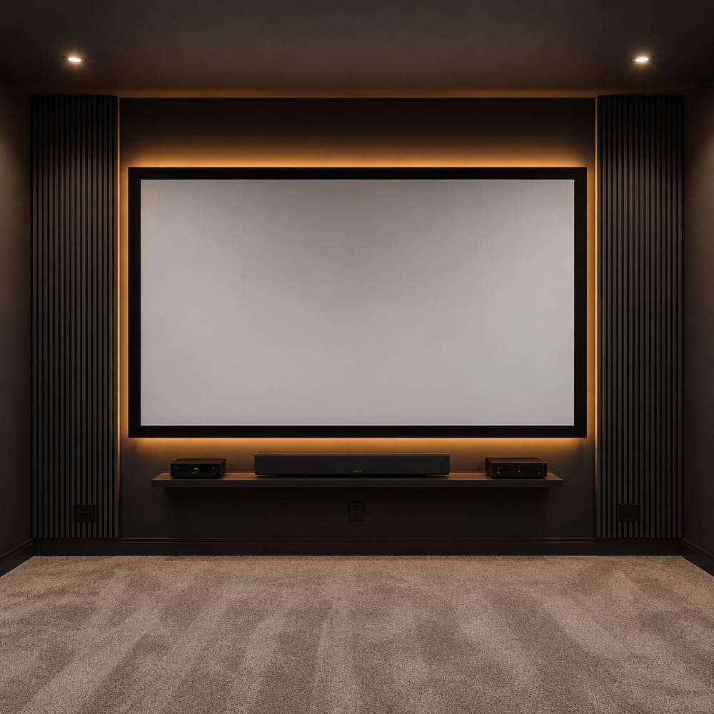 Screen wall with halo lighting and acoustic panels