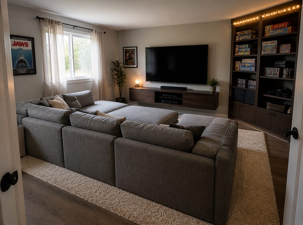 Modular gray sectional with built-in shelving beside it