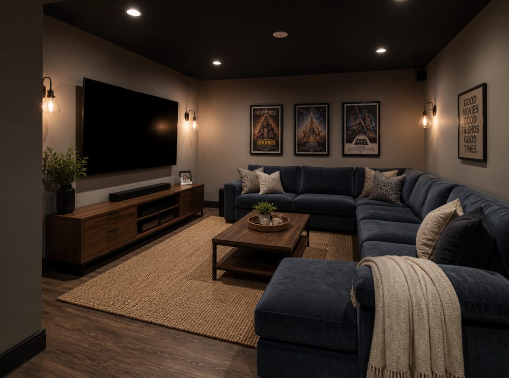 Slate velvet sectional anchored below wall-mounted television
